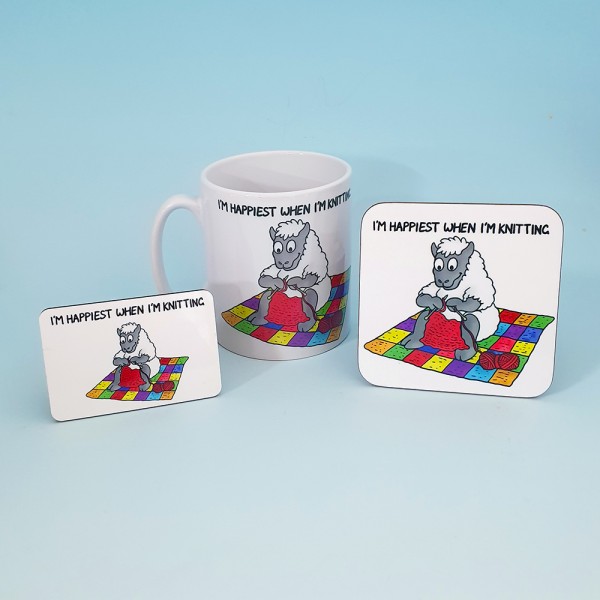 Set of Mug, Coaster and Fridge Magnet-KNITTING-IM HAPPIEST WHEN IM KNITTING